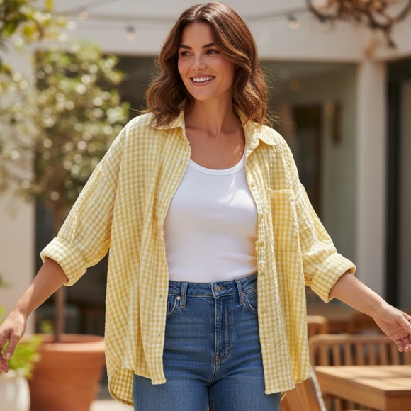 RAHI x Anthropologie Plaid Yellow Button Up Shirt Top - Picture 1 of 6